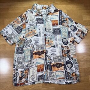 Men's Newspaper Print Button Up Hawaiian Camp Shirt Sz Lg Beachy Vacation Vibes